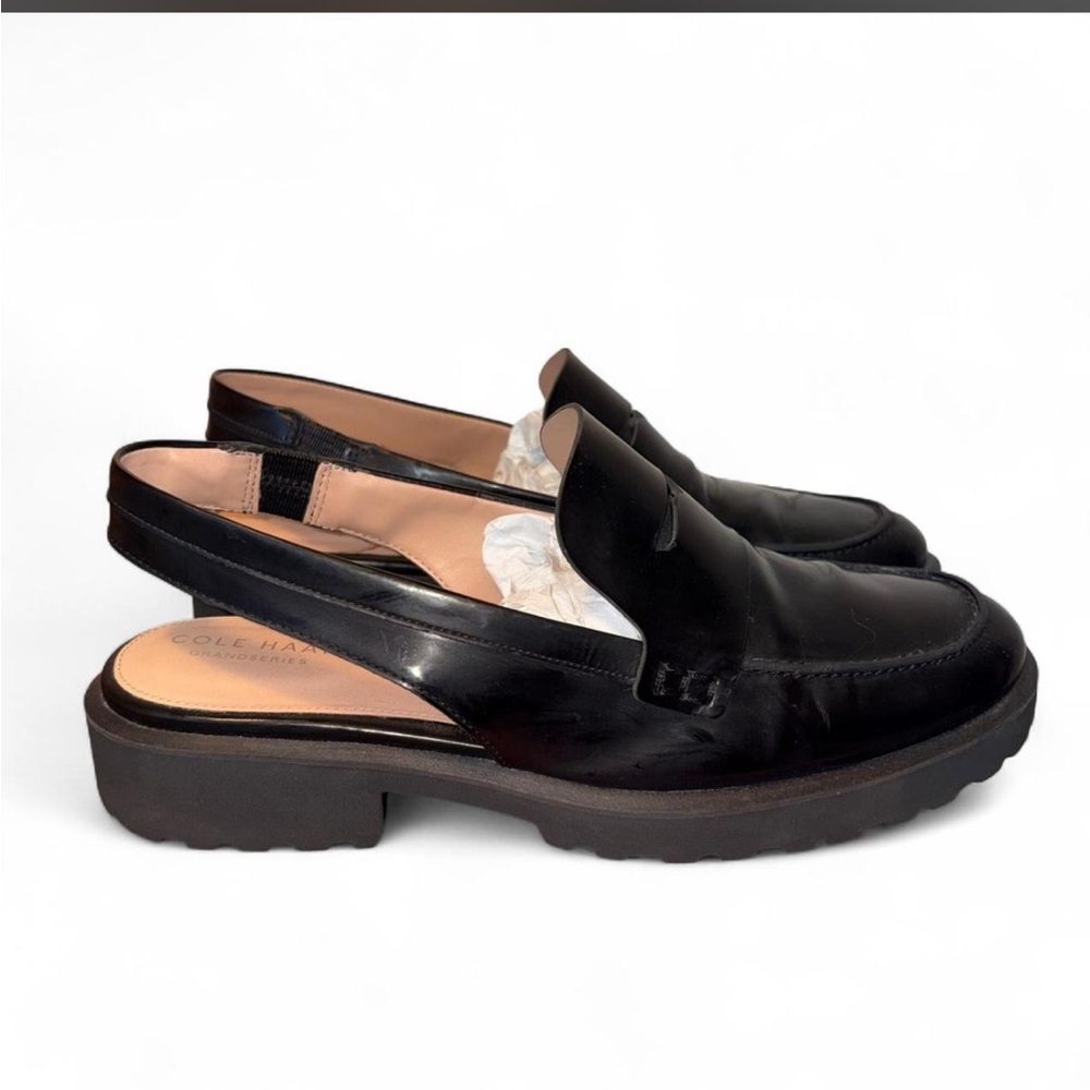 Cole Haan Womens’ Geneva Lug Sole Black Leather Slingback Loafers- sz 8